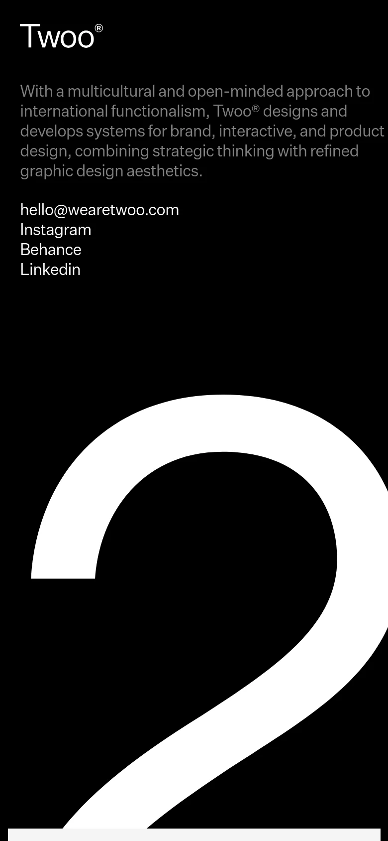 The mobile version maintains the dark aesthetic and white typography but uses a vertical stack layout. The text is centered or left-aligned to fit the narrow screen, and the large graphic element is partially visible, focusing the user's attention on the introductory text and contact links.