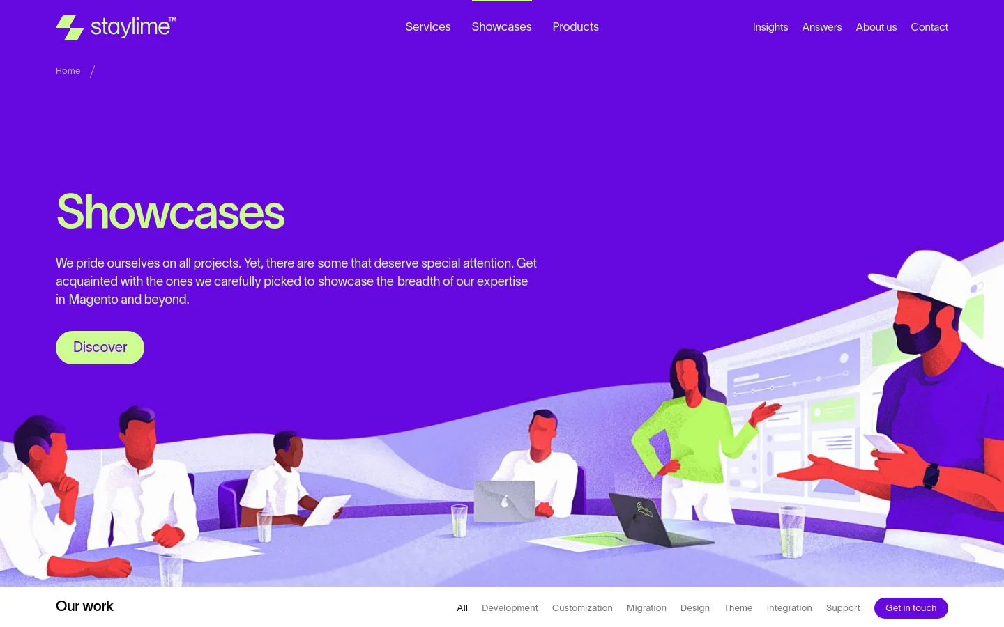 The desktop page features a vibrant purple hero section with a large 'Showcases' headline and an illustration of people working around a table. Below the hero, a white section titled 'Our work' displays a horizontal filter menu and a grid of project cards, each containing a preview image, a country flag, a project description, and a call-to-action button.