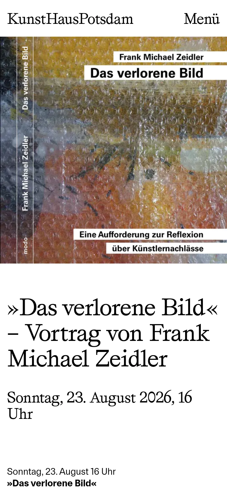 The mobile version presents a vertically stacked layout optimized for small screens. The header contains the logo and a 'Menü' button, followed by the large book cover image, the event title, and the date/time in a single column. Text is scaled for readability, and the layout is simplified compared to the desktop view.