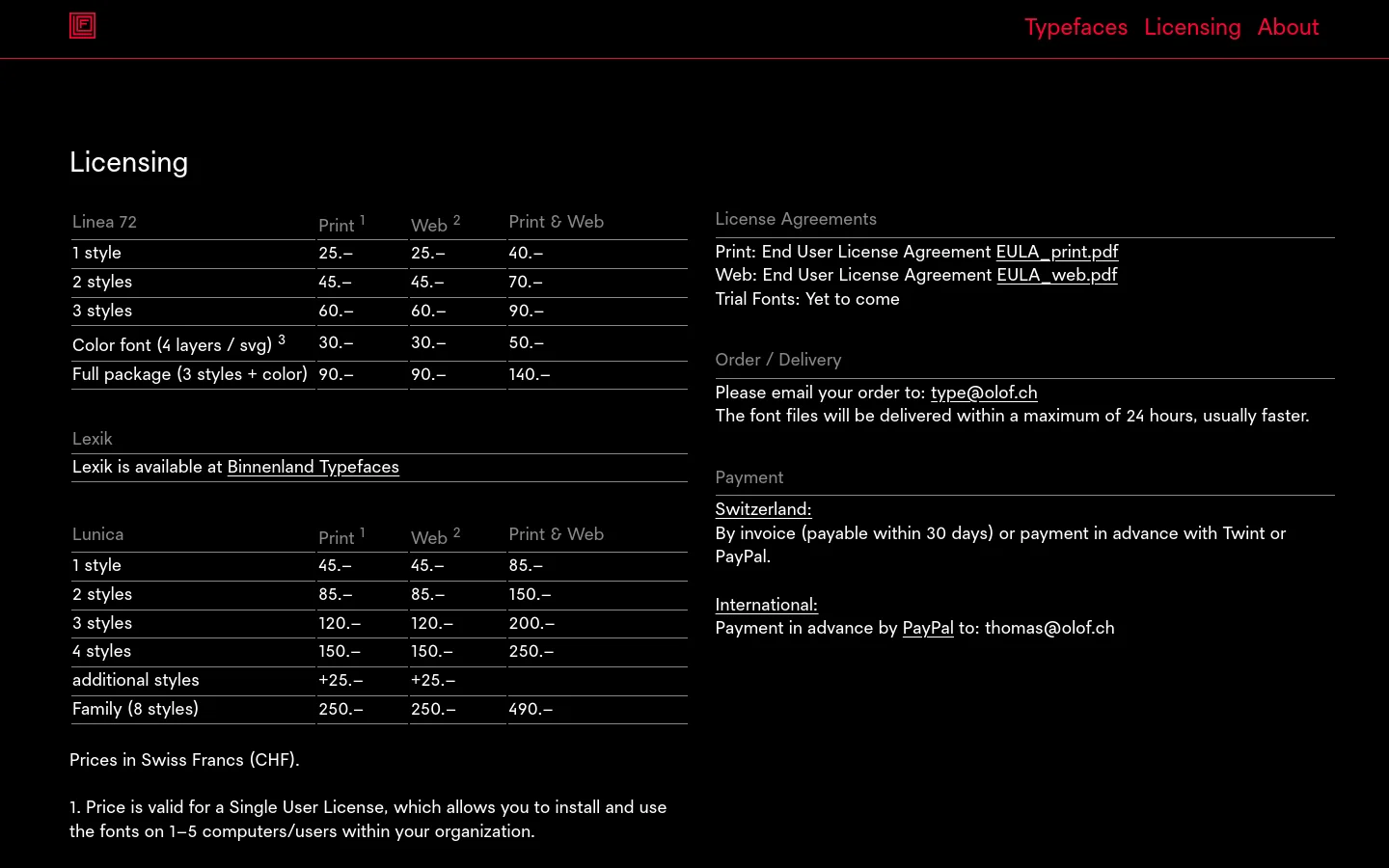 The desktop version of the Licensing page features a minimalist black background with white and red text. Two pricing tables for 'Linea 72' and 'Lunica' fonts are arranged on the left, while license agreements, order details, and payment information are organized in columns on the right.