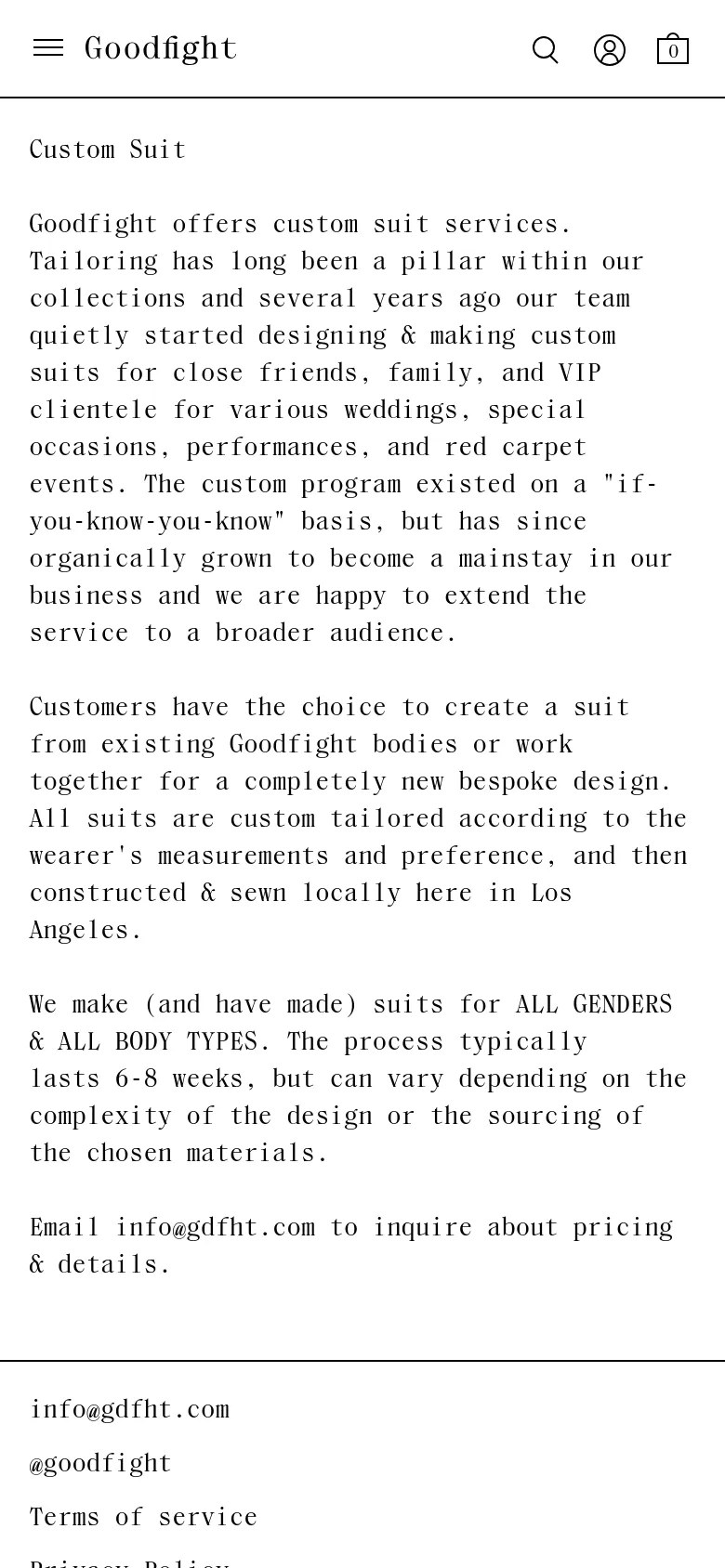 The mobile version uses a simplified layout with a hamburger menu icon on the left and the Goodfight logo centered. To the right of the logo are search, account, and shopping bag icons. The text content is stacked vertically in a single column, maintaining the clean, minimalist aesthetic of the desktop site.