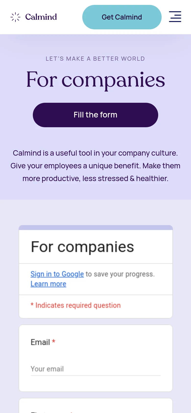 The mobile version uses a vertical layout with the 'Let's make a better world' tagline and 'For companies' headline centered at the top. The dark purple 'Fill the form' button is prominently placed below the headline, with the descriptive text and the contact form stacked vertically underneath.