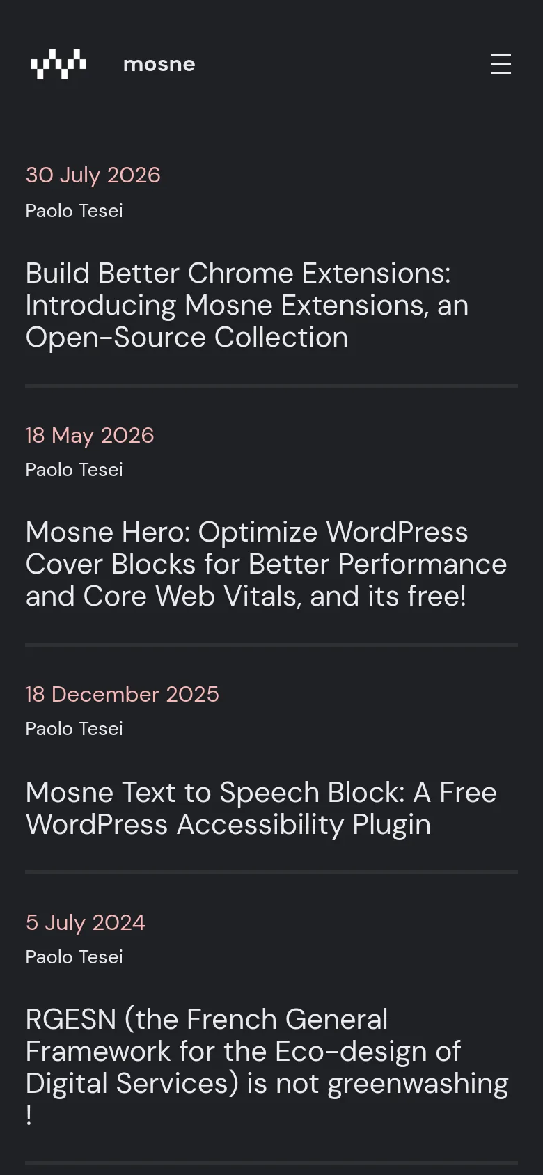 The mobile version maintains the dark theme and vertical list structure of the desktop site. The layout is condensed for a narrow screen, with text and headlines scaling to fit the width, ensuring the chronological list of blog posts remains the central focus.