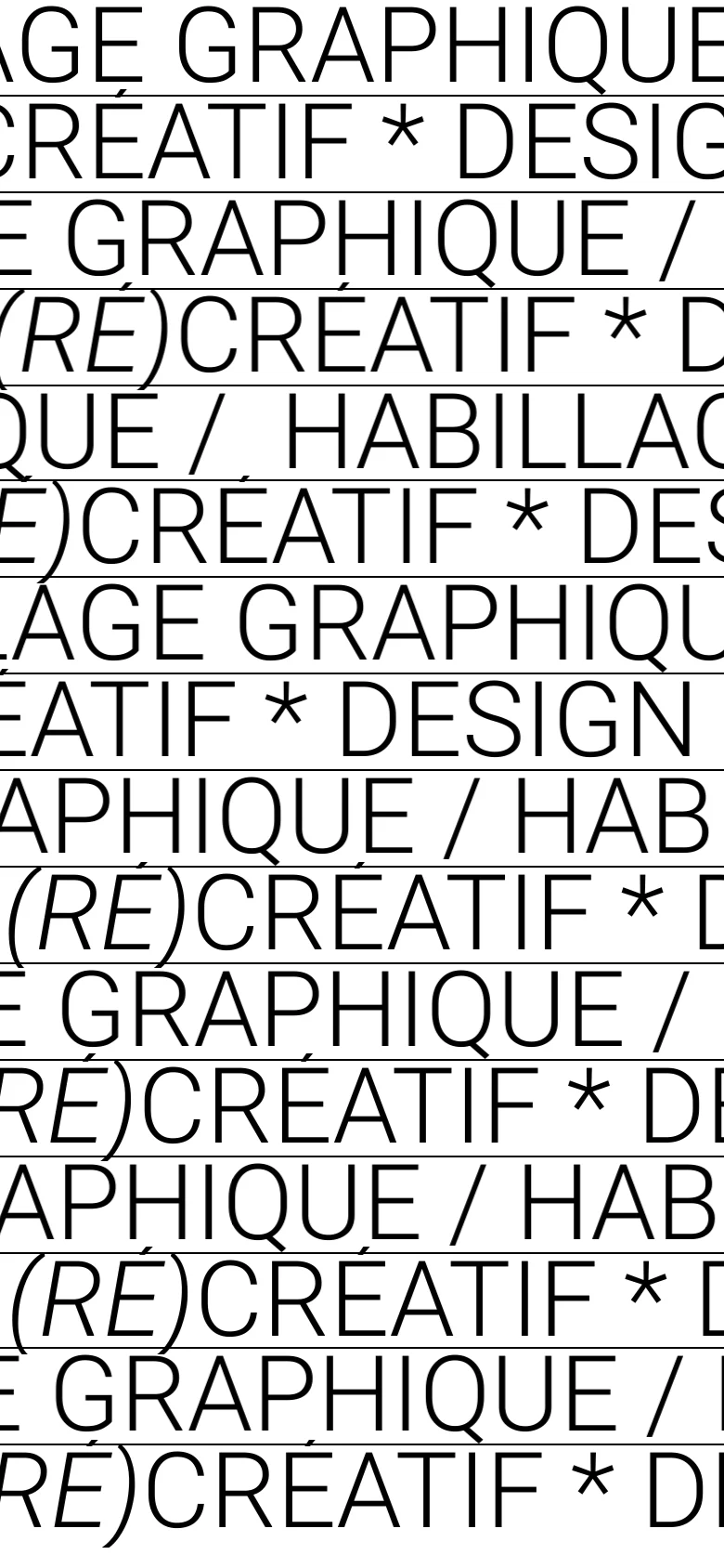 The mobile version maintains the minimalist black-and-white aesthetic but scales the repetitive typographic hero text to fit a vertical orientation. The layout is condensed, with the navigation links appearing at the top, and the large-scale text remains the dominant visual element filling the viewport.