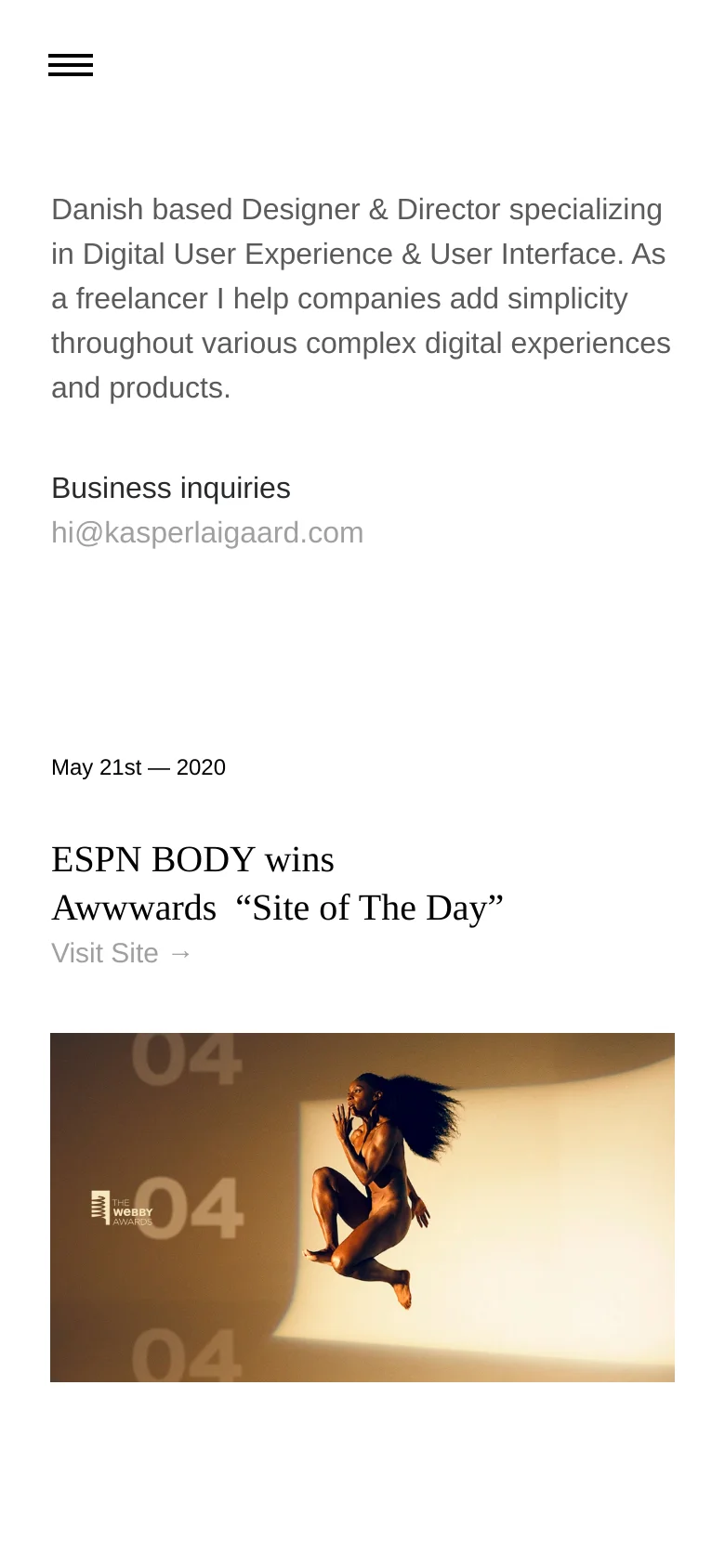 The mobile version simplifies the layout into a single vertical column with a hamburger menu icon at the top left. The professional bio and business contact information are stacked vertically above the news headline and the large cinematic image.