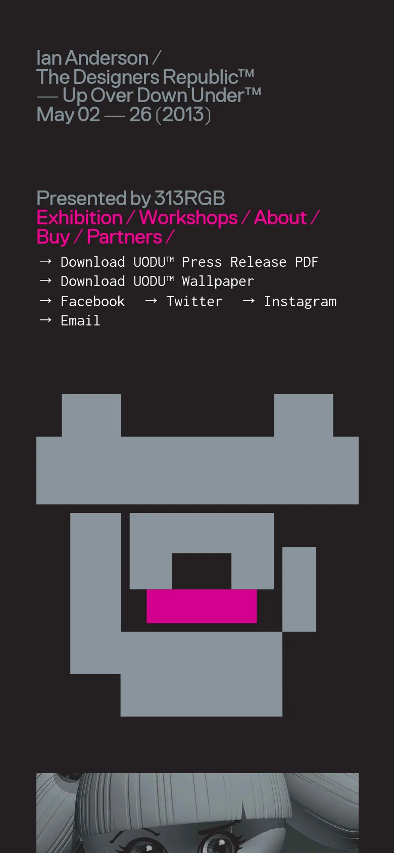 The mobile version presents a vertically stacked layout of the dark-themed exhibition site. The large headline and pink navigation links appear at the top, followed by the abstract geometric shapes and black and white imagery arranged in a single column for easier scrolling on narrow screens.