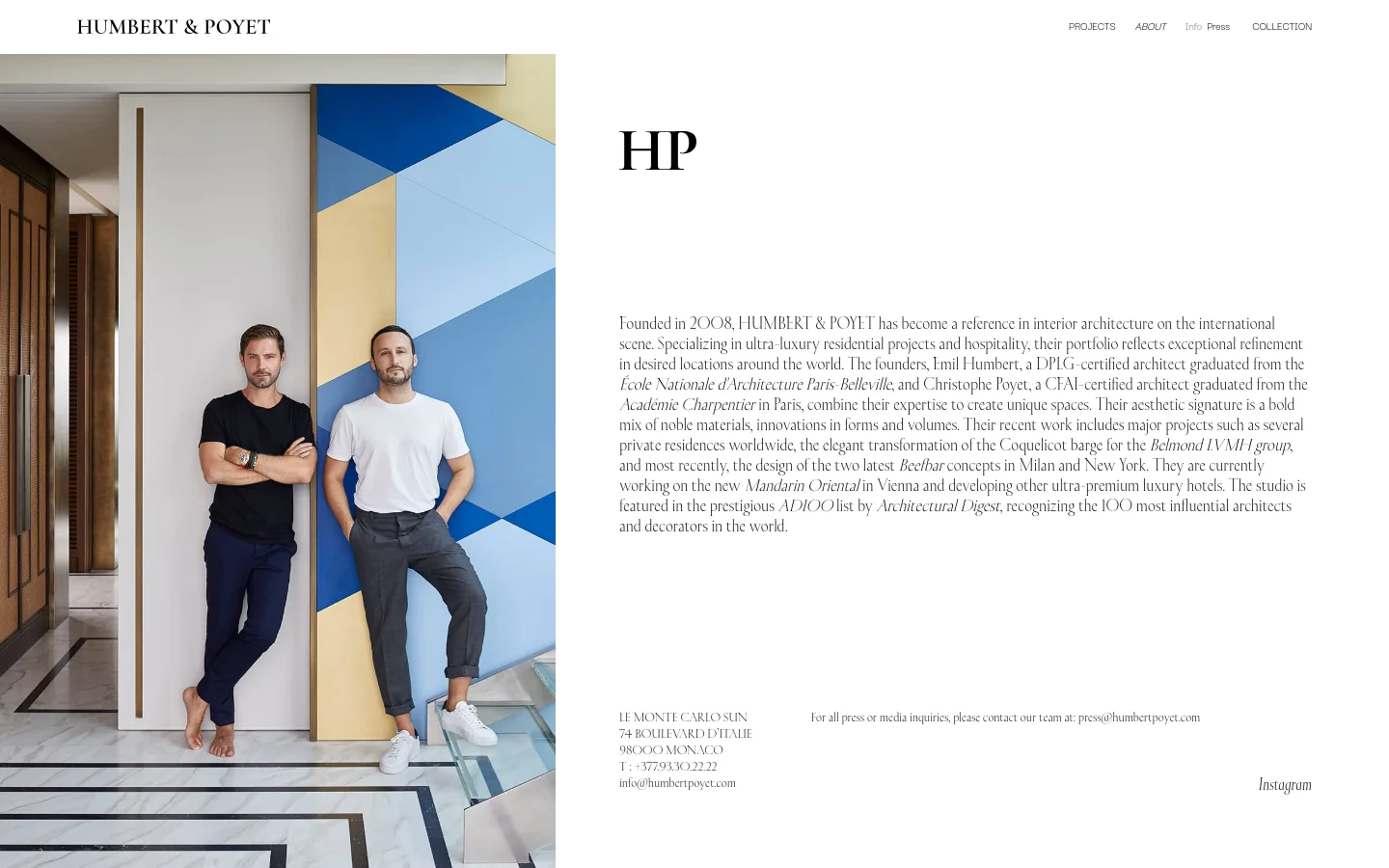 The desktop page features a minimalist layout with a large hero image on the left showing two men standing in a modern, high-end interior with geometric blue and tan wall panels. To the right, the large 'HP' initials sit above a text section describing the firm's history and founders, with a clean white background and black serif typography. A navigation menu is located at the top right, and contact information is at the bottom right.