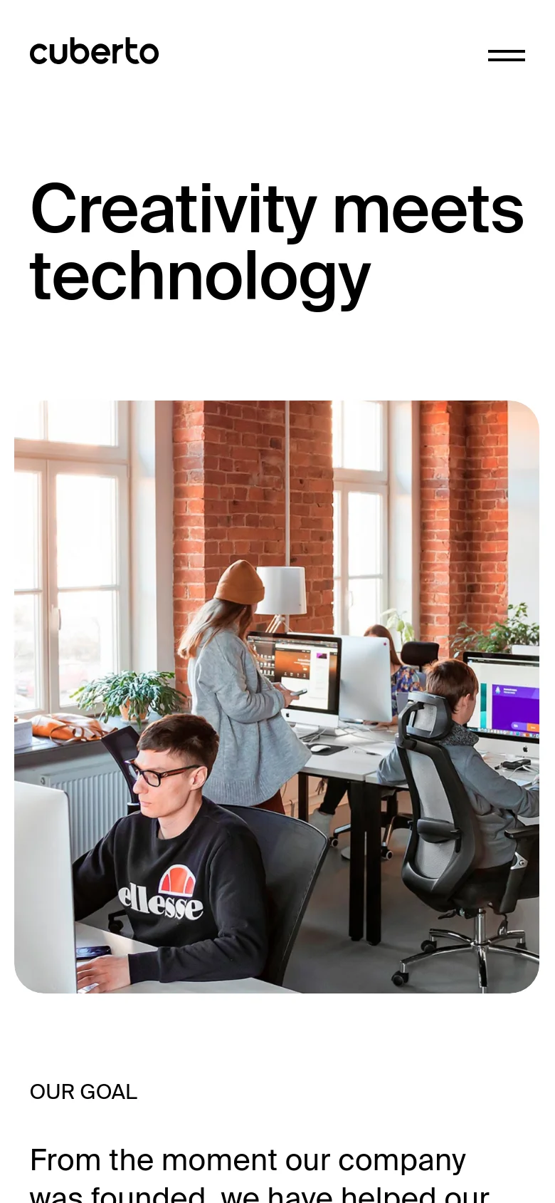 The mobile version uses a vertical layout with the 'cuberto' logo on the top left and a hamburger menu icon on the top right. The large black headline 'Creativity meets technology' is centered above a large, rounded-corner hero image of a busy office workspace.