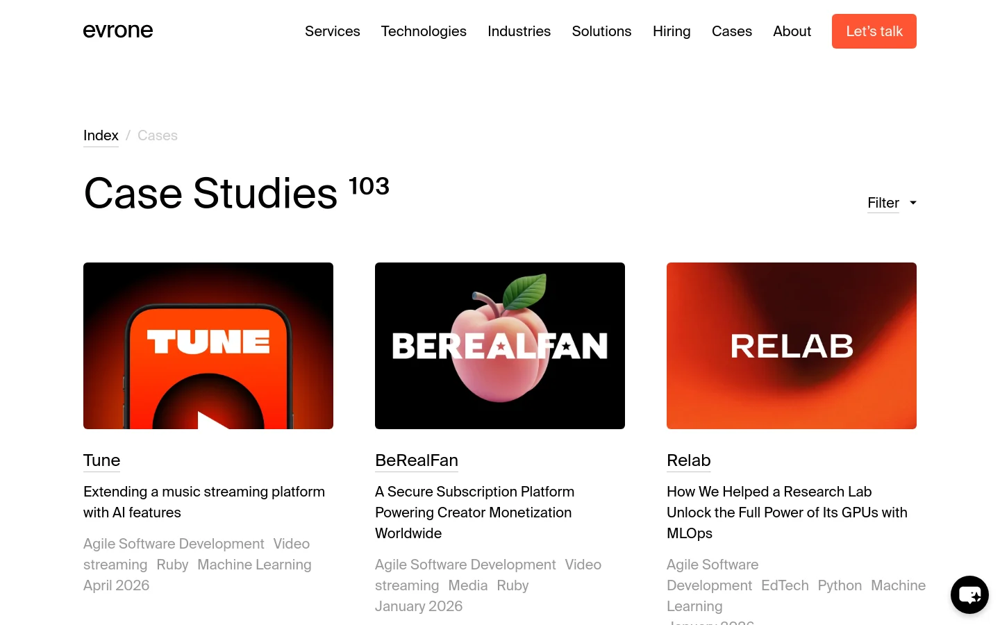 The desktop page features a clean white background with a navigation header and a large 'Case Studies' headline followed by a count of 103. A grid layout displays case study cards, each containing a large colorful thumbnail image, a bold title, a brief description, and metadata tags like service type and technology. A 'Filter' dropdown menu is positioned to the right of the main heading.