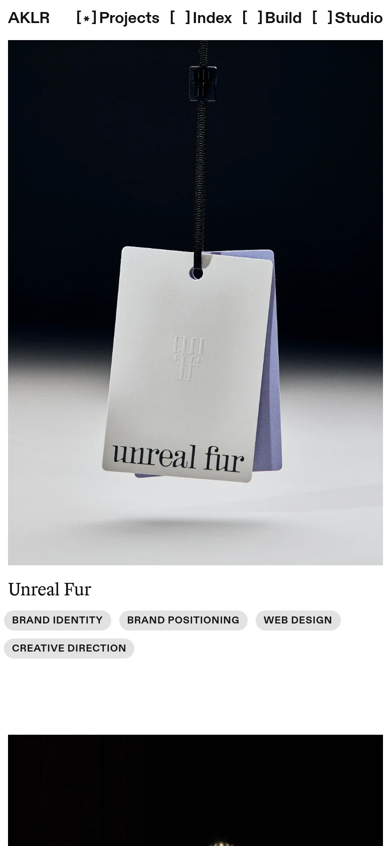 The mobile version maintains the minimalist aesthetic but transitions to a single-column vertical scroll. The navigation categories are condensed, and project images occupy the full width of the screen, followed by their respective titles and descriptive tags.