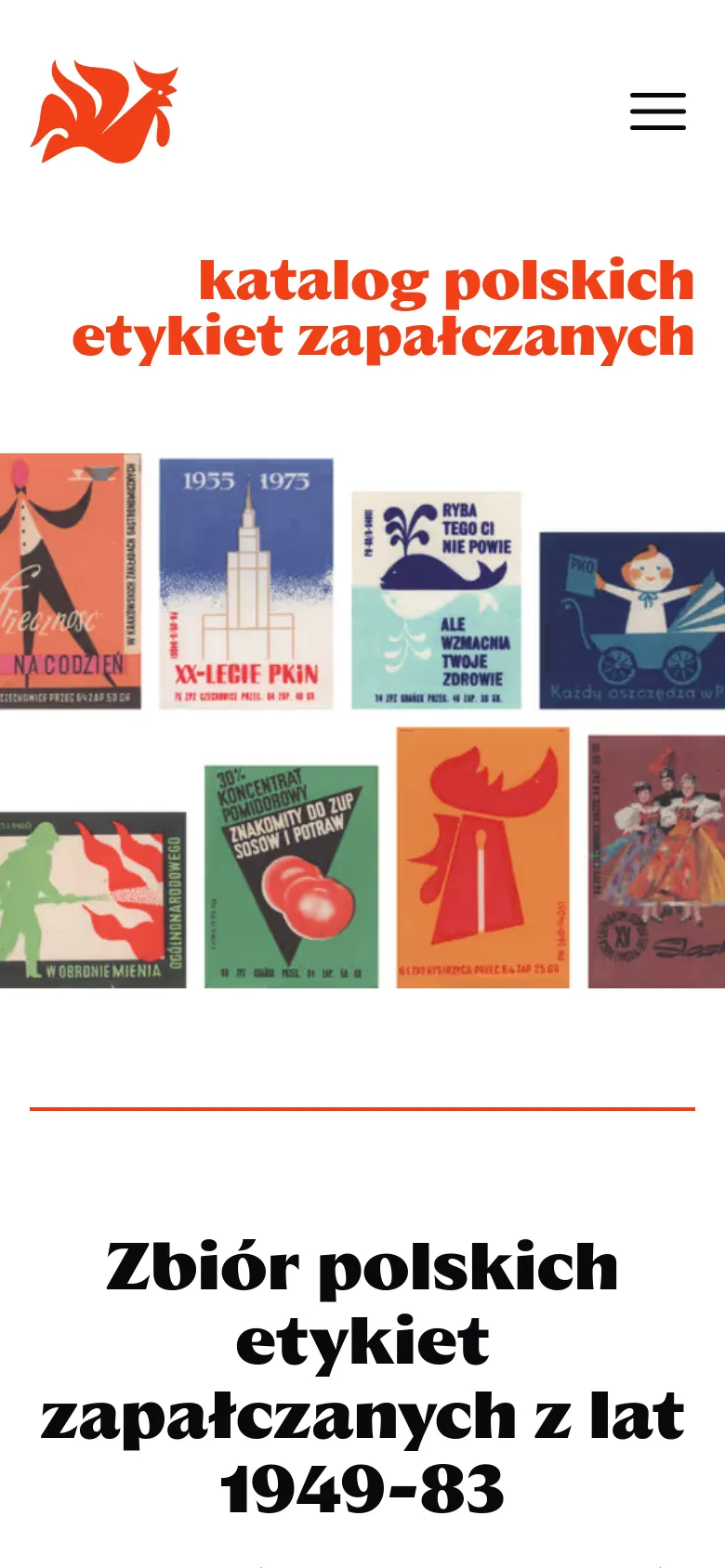 The mobile version simplifies the layout, replacing the top navigation menu with a black hamburger icon. The red logo remains on the left, and the large red headline is centered above a condensed, multi-row grid of colorful vintage matchstick labels that stack vertically to fit the narrower screen.