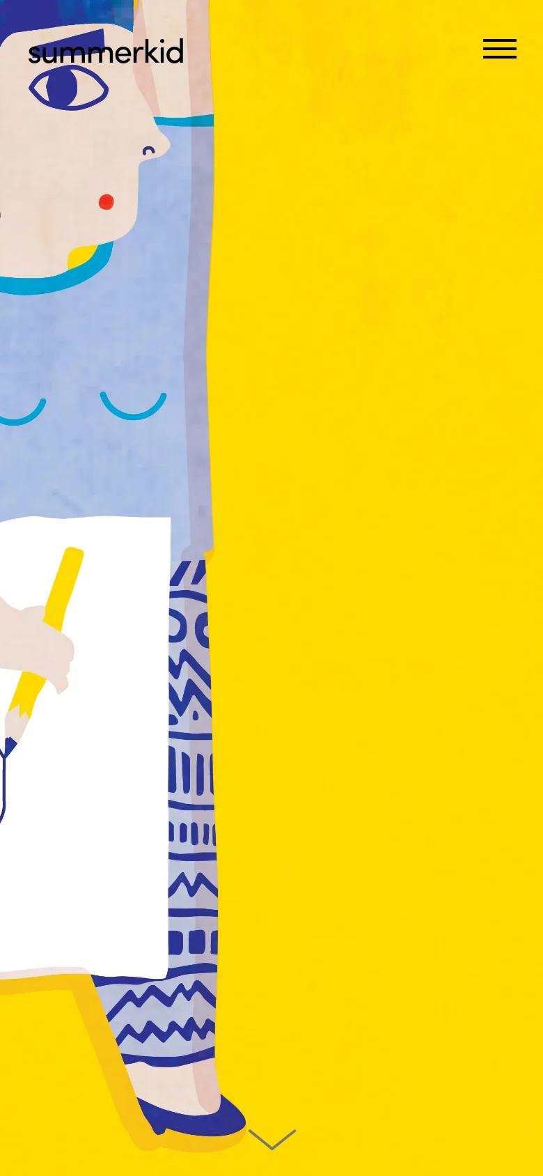 The mobile version presents a vertically oriented view of the same yellow background and large character illustration. The navigation is condensed into a hamburger menu icon in the top right, while the 'summerkid' logo remains in the top left.