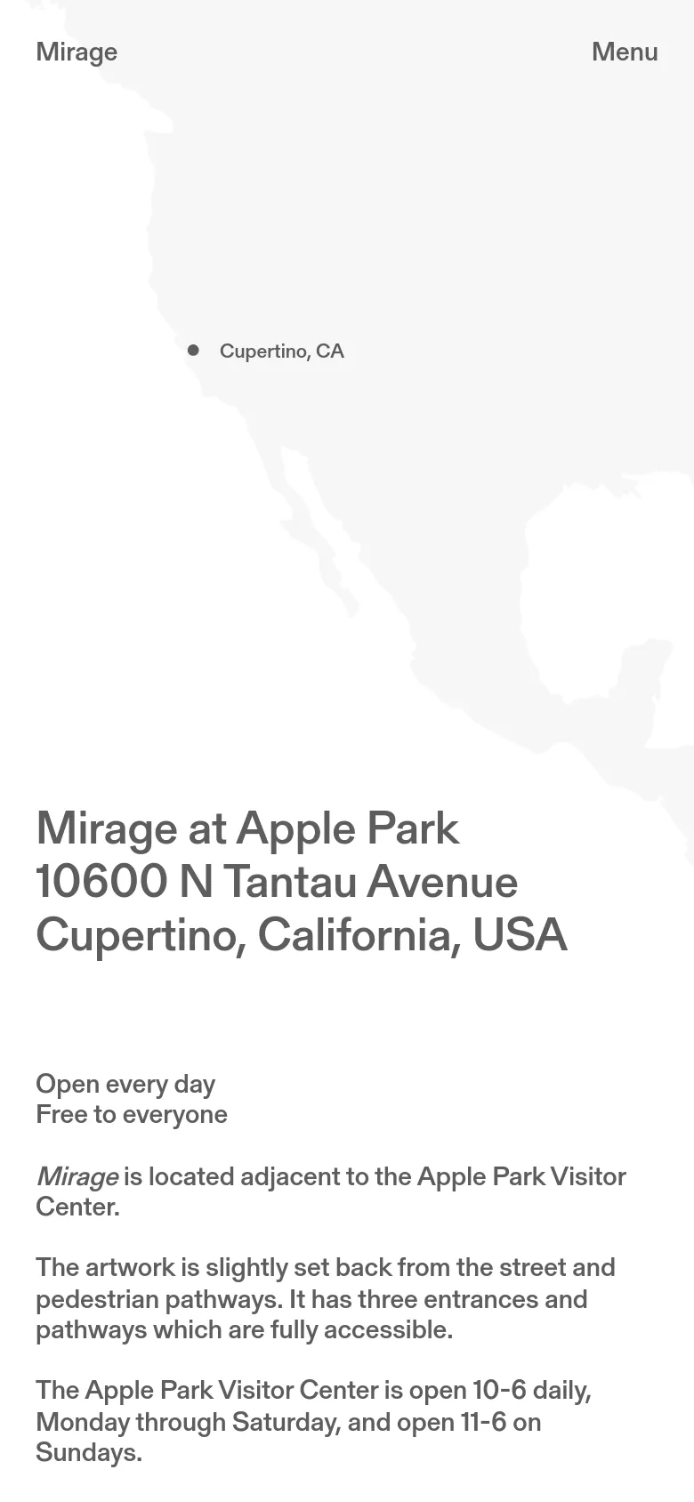 The mobile version maintains the minimalist white and light gray aesthetic but uses a vertical layout. The headline and address are centered above the text content, and the navigation is condensed into a 'Menu' button at the top right.