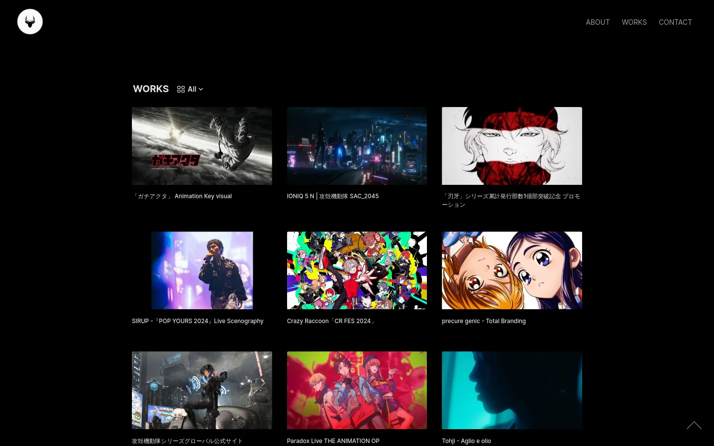 The Works page features a dark theme with a grid layout of project thumbnails. A navigation menu at the top includes links for About, Works, and Contact, while a filter bar allows users to sort projects by categories like Anime, Music, and Fashion. Each project is displayed as a large rectangular image with a text title underneath.