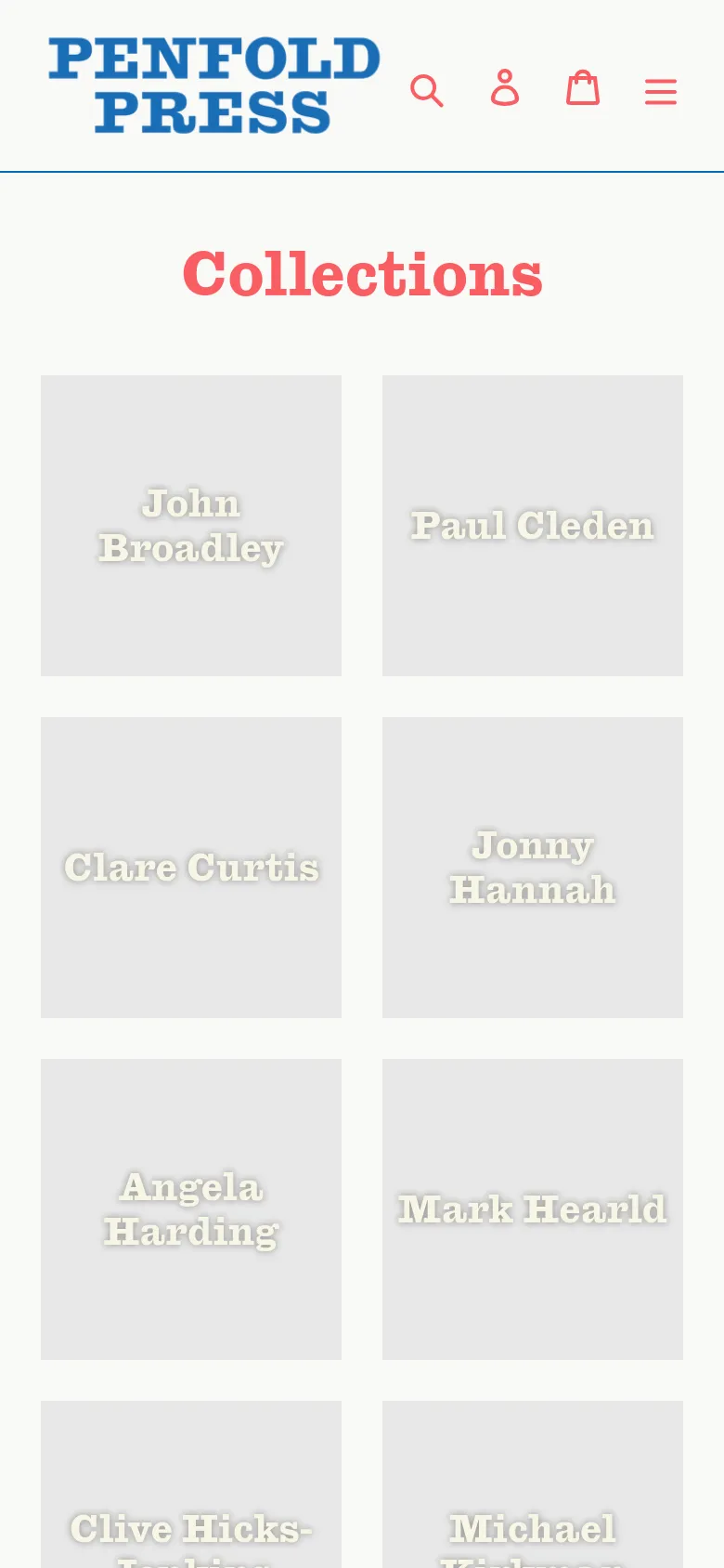 The mobile version displays the Penfold Press logo on the left with a hamburger menu, search, user, and shopping bag icons on the right. The 'Collections' headline is centered in red, and the artist tiles are arranged in a two-column grid layout for easier scrolling on a smaller screen.
