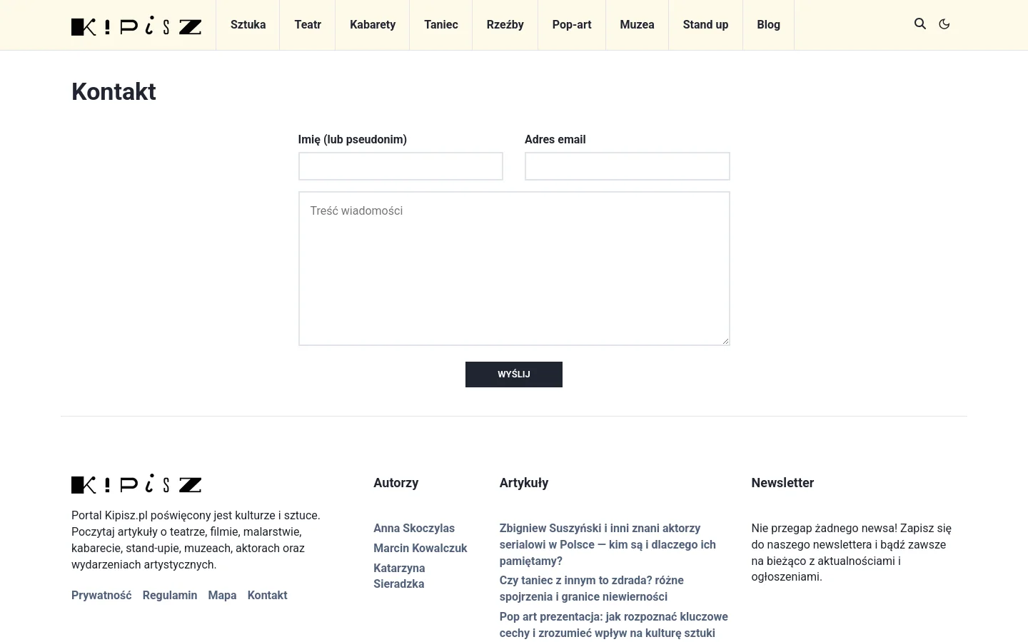 The desktop contact page features a clean white layout with a top navigation bar containing the Kipisz logo and category links. The main content displays a large 'Kontakt' heading above a contact form with fields for name, email, and a message text area, ending with a dark 'WYŚLIJ' button. A multi-column footer provides site information, author links, and recent articles.
