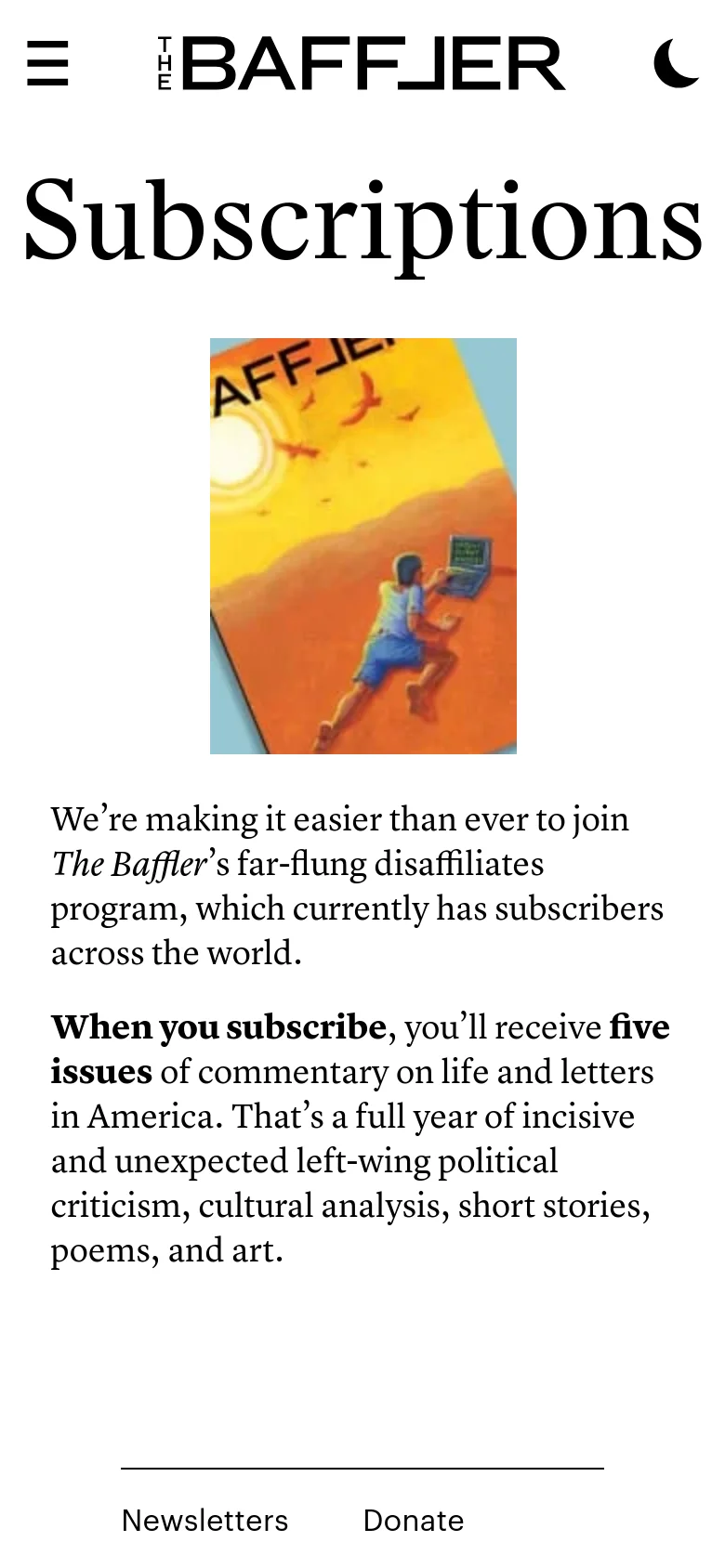 The mobile version presents a single-column layout with the 'Subscriptions' headline and magazine hero image stacked vertically. The subscription options are arranged in a vertical list rather than side-by-side cards, and the top navigation is condensed into a hamburger menu icon.