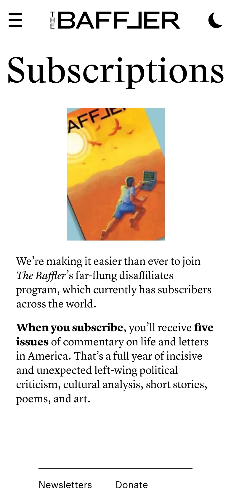 The mobile version presents a single-column layout with the 'Subscriptions' headline and magazine hero image stacked vertically. The subscription options are arranged in a vertical list rather than side-by-side cards, and the top navigation is condensed into a hamburger menu icon.