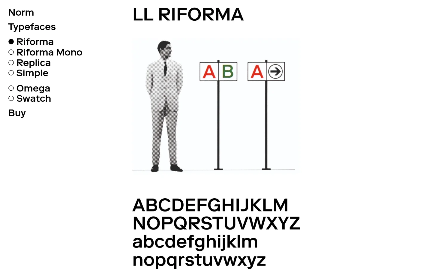 The desktop view shows a minimalist white webpage for the Riforma typeface. A left-hand sidebar contains the navigation menu with typeface names, while the main content area features the large headline 'LL RIFORMA', a halftone image of a man standing next to signage, and a full character set display.