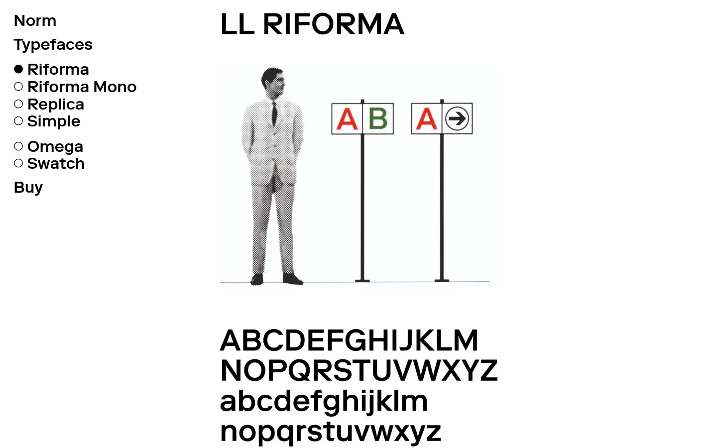 The desktop view shows a minimalist white webpage for the Riforma typeface. A left-hand sidebar contains the navigation menu with typeface names, while the main content area features the large headline 'LL RIFORMA', a halftone image of a man standing next to signage, and a full character set display.