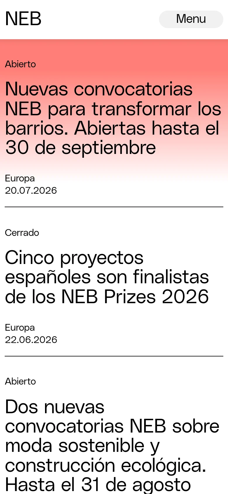 The mobile version displays the same calls for proposals but in a single-column vertical list format for easier scrolling. The top navigation is condensed into a single 'Menu' button next to the NEB logo. The color scheme remains a consistent red and pink gradient with large, legible black text.
