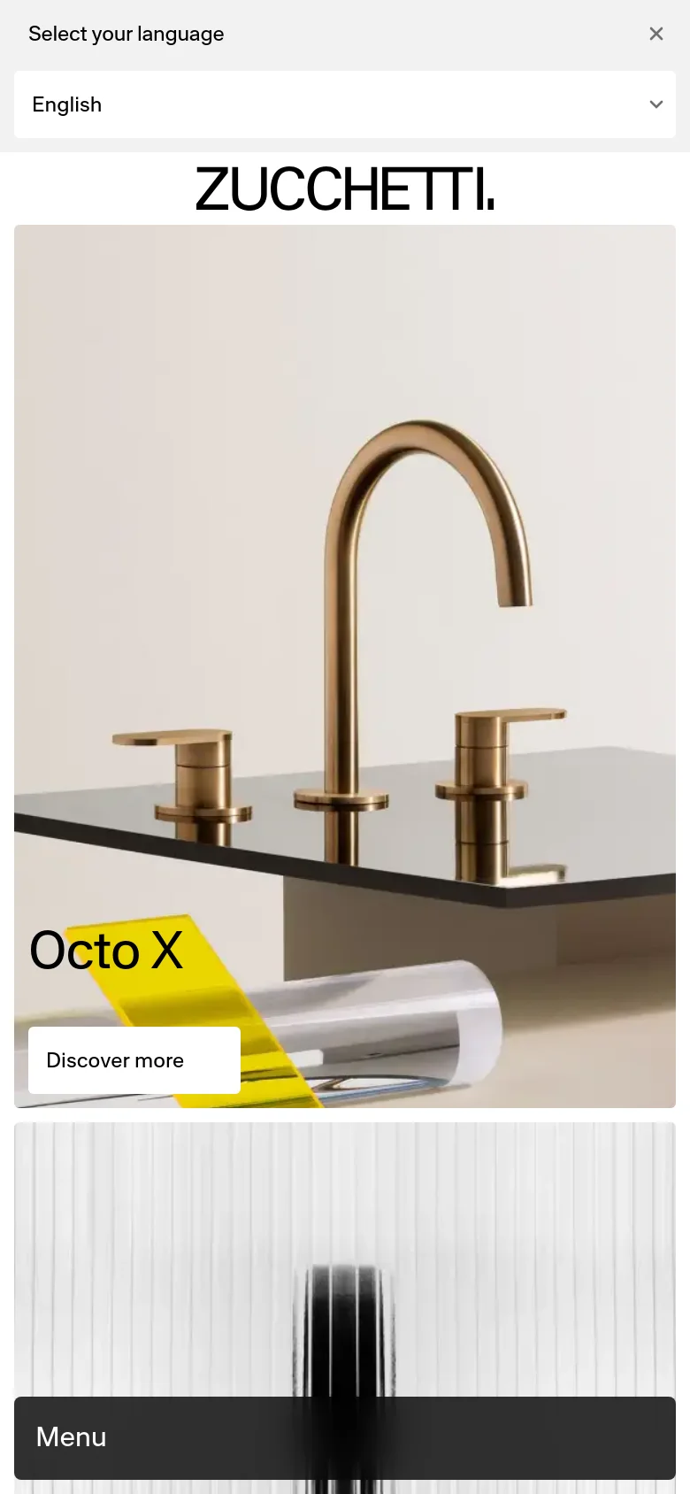The mobile version presents a vertically stacked layout, starting with a large, zoomed-in hero image of the Octo X collection. The navigation is condensed into a dark 'Menu' bar at the bottom of the screen, and the language selection dropdown is prominently displayed at the top.