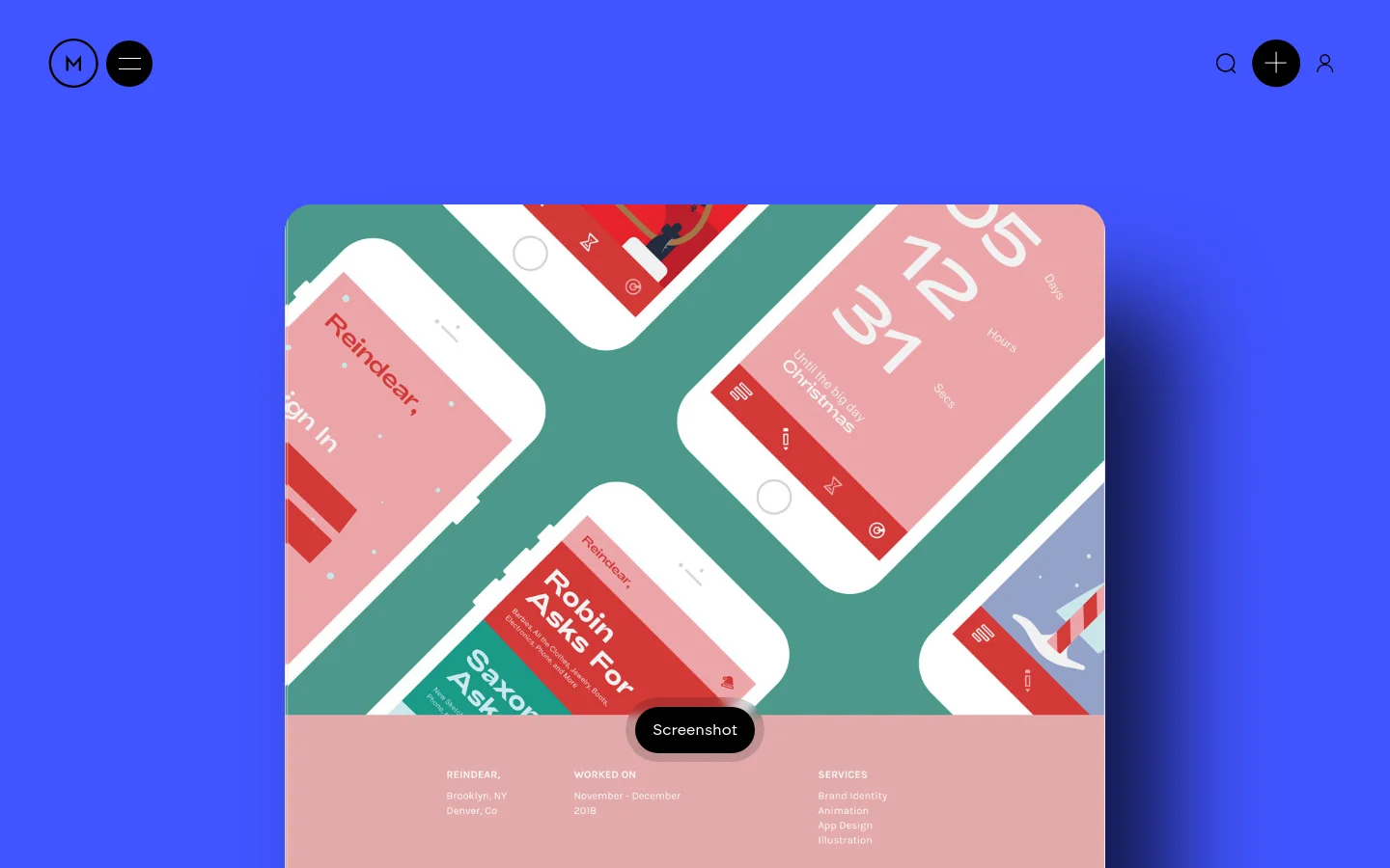 The desktop homepage features a vibrant blue background with a large central hero image showcasing stylized mobile app mockups for 'Reindear' on a teal and pink backdrop. Below the image, a light pink section displays project details like 'REINDEAR', 'WORKED ON', and 'SERVICES' in a clean, minimalist layout. The header includes a white circular logo, a menu icon, a search icon, and user profile buttons.