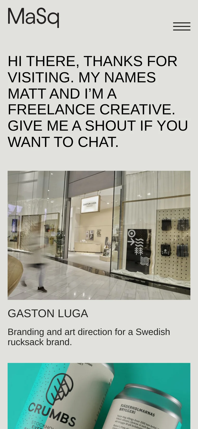 The mobile version maintains the light gray background and large, bold introductory text, but the layout shifts to a single-column vertical scroll. The top navigation menu is replaced by a hamburger icon on the right, and project images and descriptions are stacked vertically for easier scrolling.