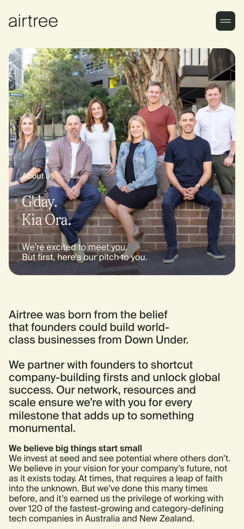 Airtree Ventures mobile about page with a stacked layout. The hero section features a compressed team photo with the headline G'day. Kia Ora. and a hamburger menu icon in the top right corner.
