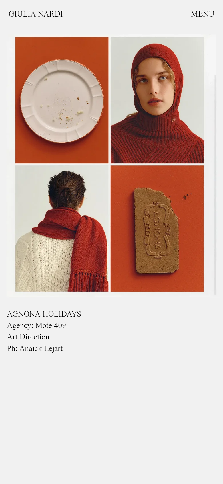 The mobile version presents a simplified vertical stack of the large editorial images. The text elements, including the 'GIULIA NARDI' branding and 'MENU' button, are repositioned to the top of the screen for easier mobile navigation.