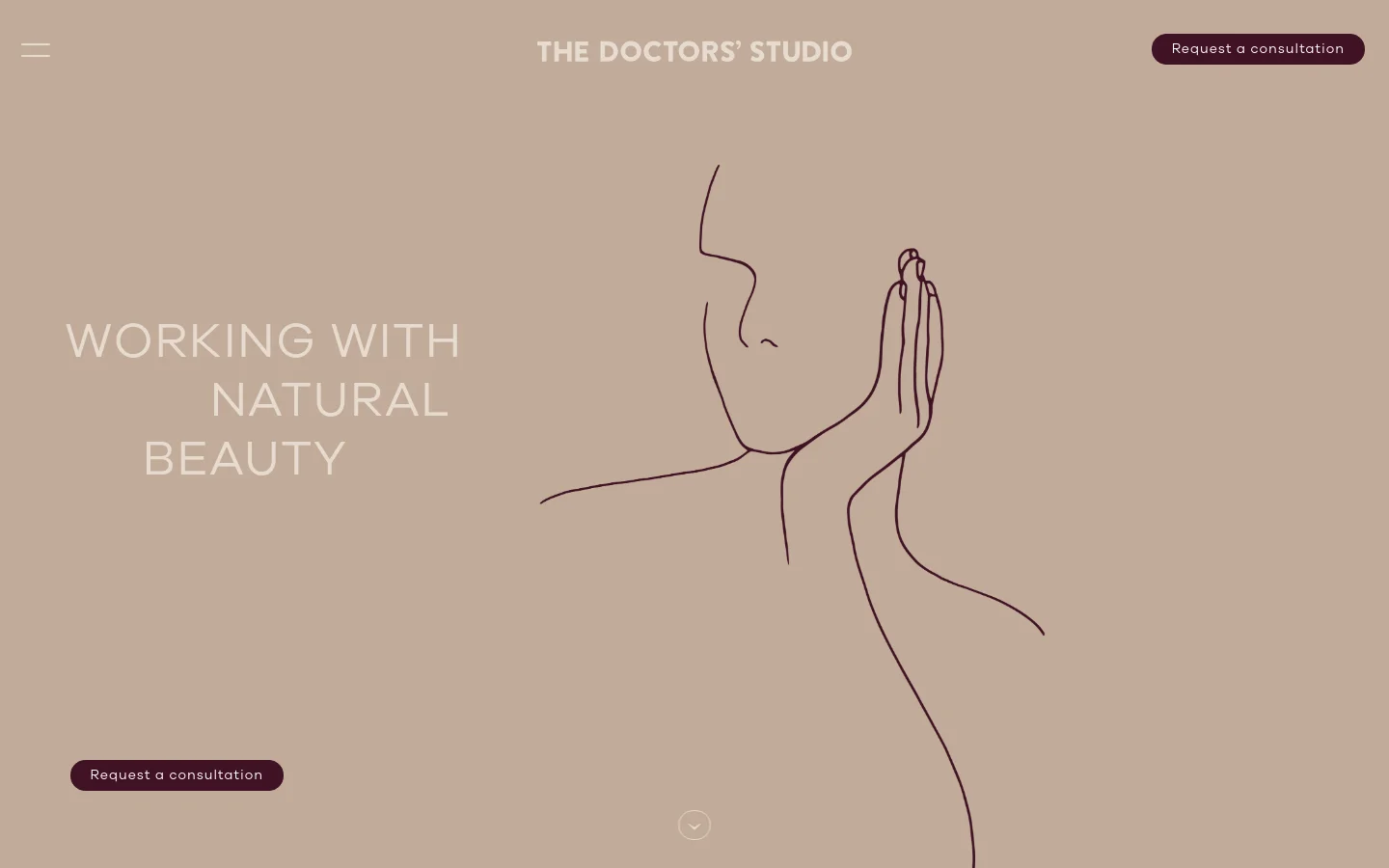 The desktop homepage features a minimalist beige background with a large, elegant line drawing of a woman's profile. The headline 'WORKING WITH NATURAL BEAUTY' is displayed in large white capital letters on the left, accompanied by a dark 'Request a consultation' button and a navigation menu at the top. A scroll icon is centered at the bottom of the hero section.