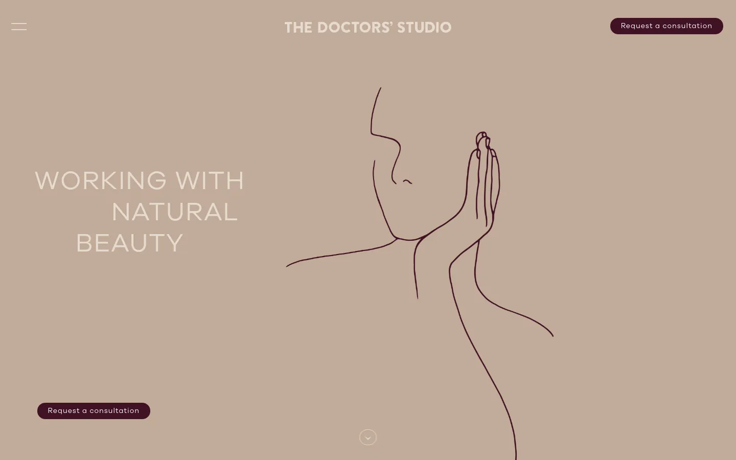 The desktop homepage features a minimalist beige background with a large, elegant line drawing of a woman's profile. The headline 'WORKING WITH NATURAL BEAUTY' is displayed in large white capital letters on the left, accompanied by a dark 'Request a consultation' button and a navigation menu at the top. A scroll icon is centered at the bottom of the hero section.