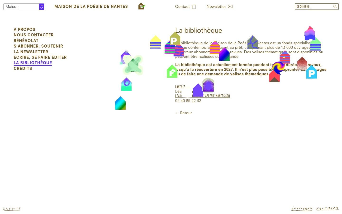 The desktop page for La Bibliothèque features a clean white background with a minimalist layout. A large headline reads 'La bibliothèque' above text describing the poetry collection, followed by a bold notice stating the library is closed until 2027. Colorful, abstract geometric house shapes are scattered across the right side, and a sidebar menu on the left provides site navigation.