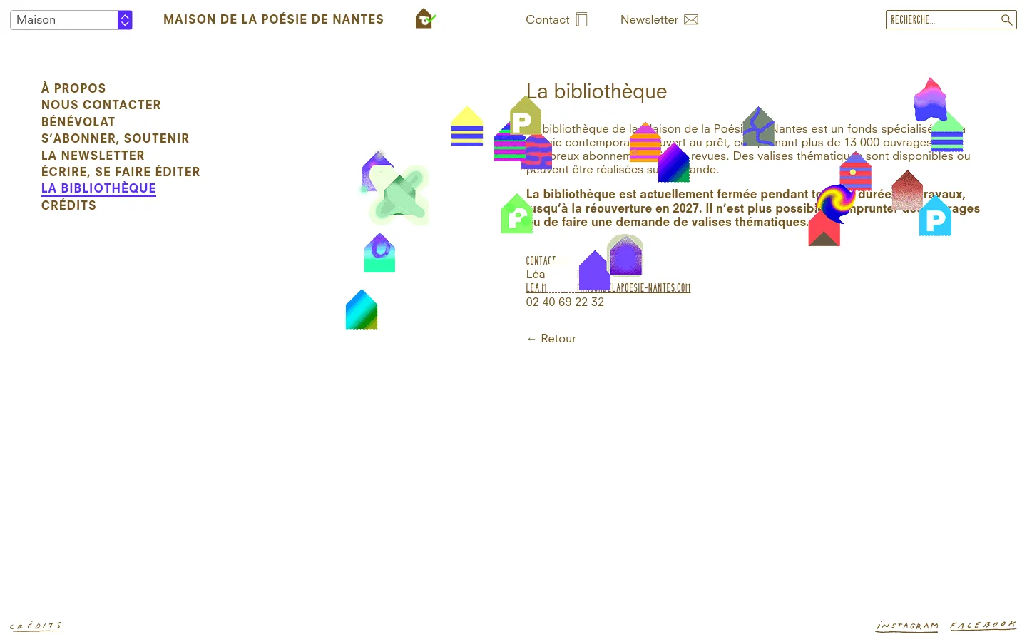 The desktop page for La Bibliothèque features a clean white background with a minimalist layout. A large headline reads 'La bibliothèque' above text describing the poetry collection, followed by a bold notice stating the library is closed until 2027. Colorful, abstract geometric house shapes are scattered across the right side, and a sidebar menu on the left provides site navigation.