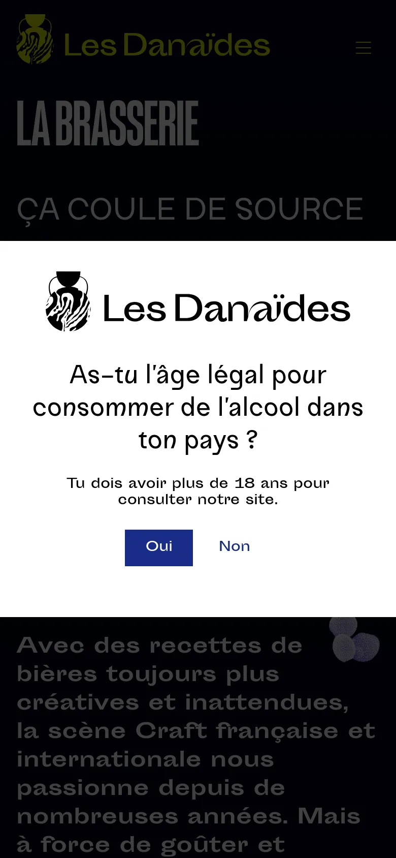 The mobile version presents a vertically stacked layout with a simplified navigation hamburger menu. The age verification modal dominates the screen, featuring large, easy-to-tap buttons for 'Oui' and 'Non' against a white background. The dark-themed content is partially visible behind the prominent white pop-up.