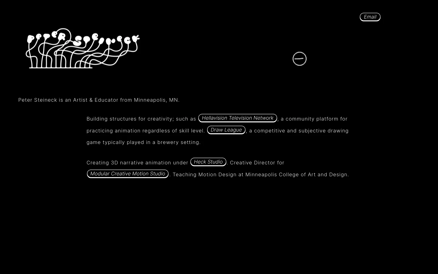 A minimalist dark website with white text and line art. A white line drawing of stylized, flowing plant-like shapes sits above a centered text block introducing Peter Steineck, an artist and educator. An 'Email' button is in the top right, and a small circular icon is positioned to the right of the illustration.