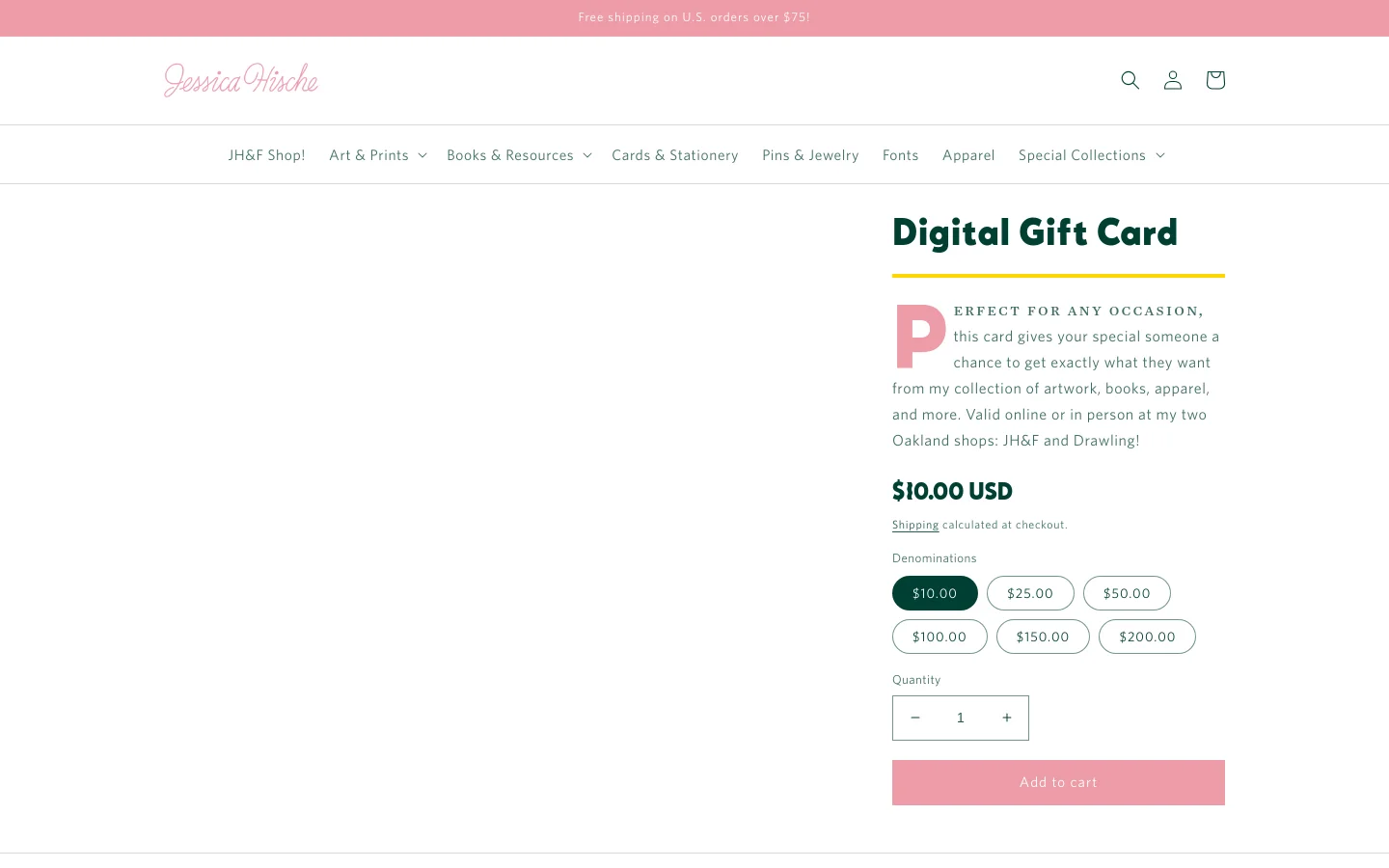 Desktop view of the Digital Gift Card product page. A large product image is on the left, while the right side features the product title, description, price of $10.00 USD, denomination selection buttons, and a pink 'Add to cart' button. The site uses a clean white background with pink accents and a navigation menu at the top.
