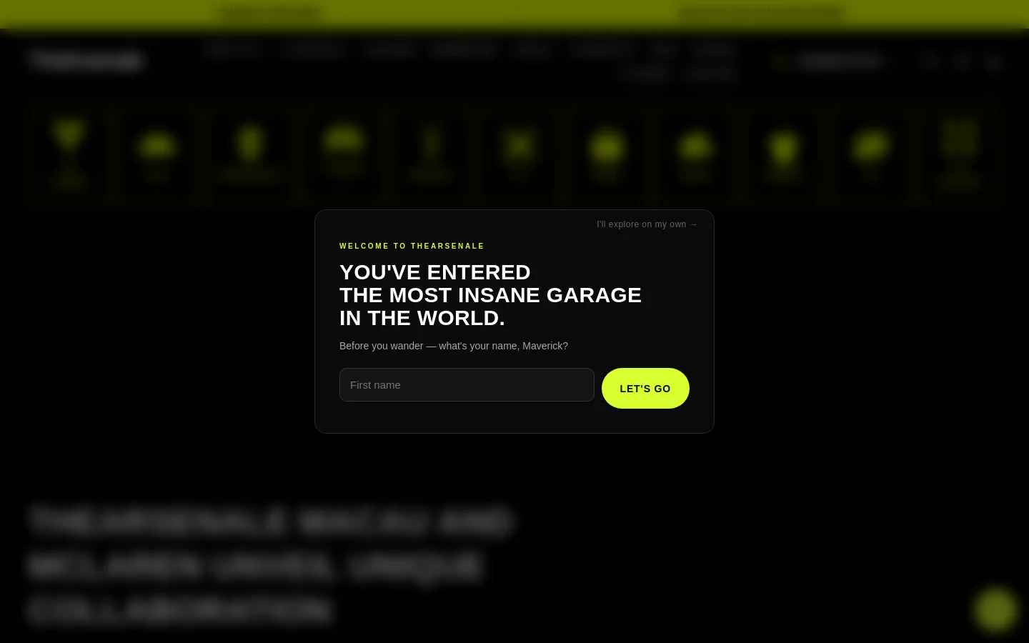 The desktop view shows the Transmission Magazine landing page with a dark, luxury aesthetic and neon lime accents. A large modal overlay in the center features a welcome message, a first name input field, and a bright lime 'LET'S GO' button. Behind the modal, a grid of magazine articles with headlines and dates is visible against a black background.