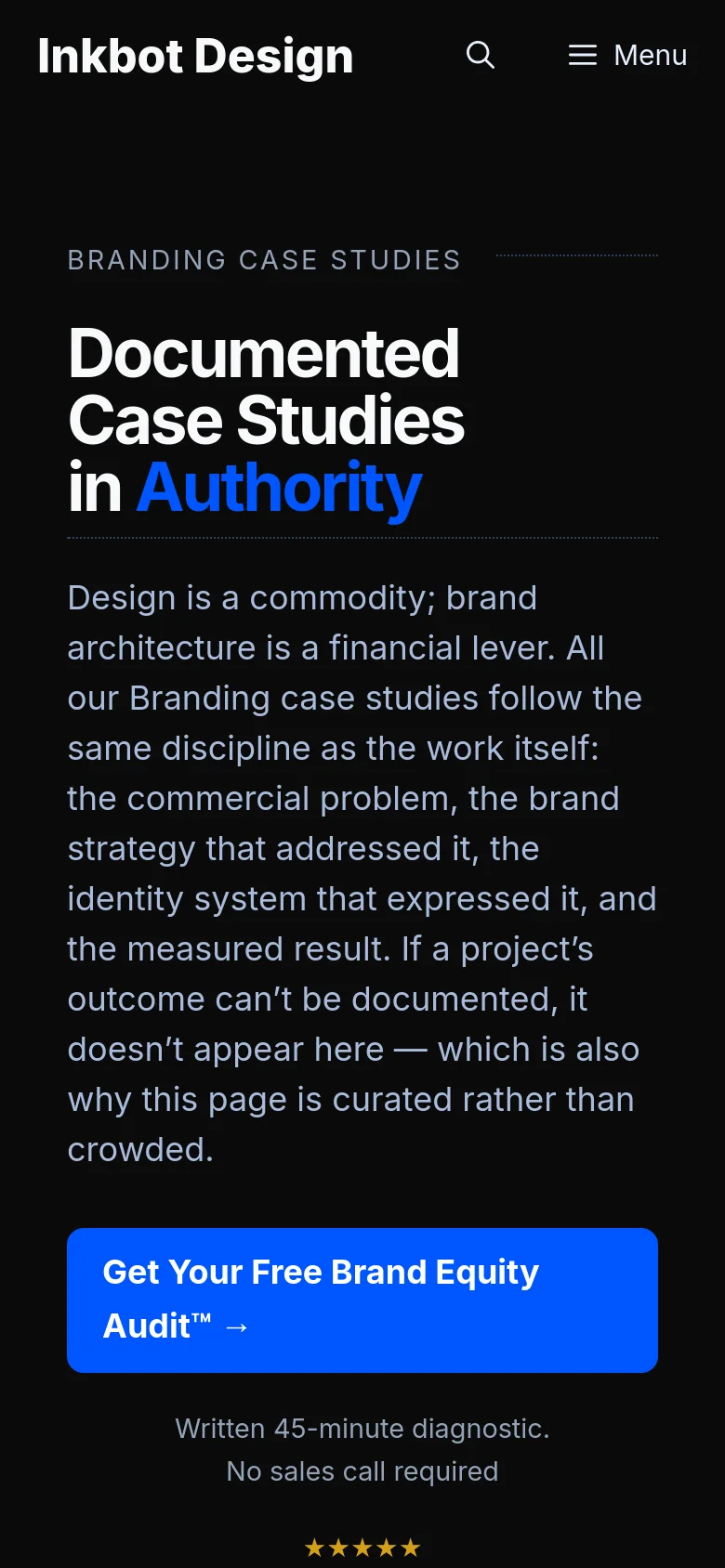 The mobile version presents a vertically stacked layout with the same dark theme and blue accents. The headline and text are centered and scaled for a smaller screen, and the primary blue call-to-action button spans most of the width. The navigation is condensed into a hamburger menu icon labeled 'Menu' next to the logo.