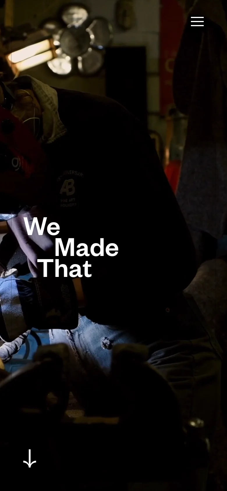 The mobile version presents a vertically oriented hero image of a person welding, with the title 'We Made That' centered in large white text. The navigation is condensed into a hamburger menu at the top left, and the content below follows a single-column stack of service categories and project cards for easier scrolling.