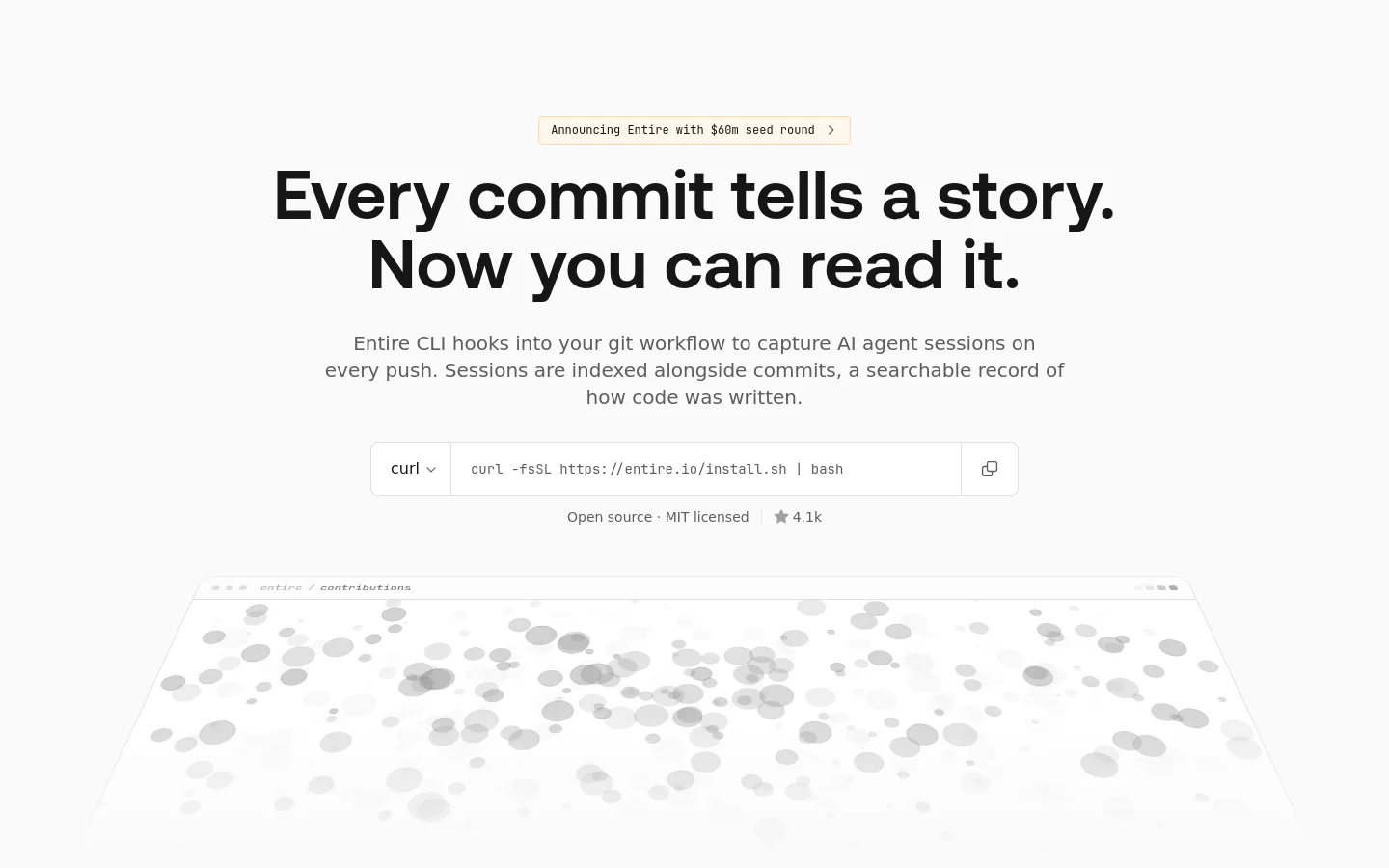 The desktop homepage features a minimalist design with a white background and dark text. A large headline reads 'Every commit tells a story. Now you can read it.' followed by a subheadline and a code snippet box containing a curl command. Below the code, a stylized graphic of floating gray circles creates a sense of depth.