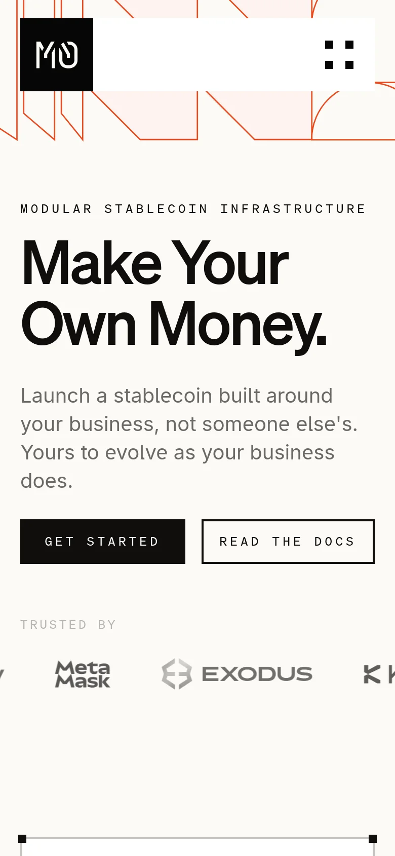 The mobile version presents a simplified vertical layout with a hamburger menu icon in the top right and the M0 logo on the left. The hero section maintains the large 'Make Your Own Money' headline and primary buttons, but the partner logo section is condensed to show fewer logos horizontally to fit the narrower screen width.