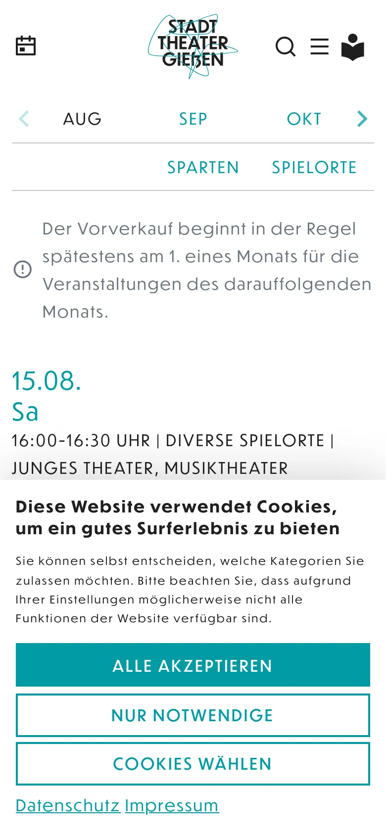 The mobile version presents a simplified, vertically stacked layout optimized for small screens. The header includes a condensed logo, search icon, and menu, while the month navigation uses large arrows for scrolling. Event details are centered or left-aligned with increased spacing, and a prominent cookie consent banner covers the bottom portion of the screen.