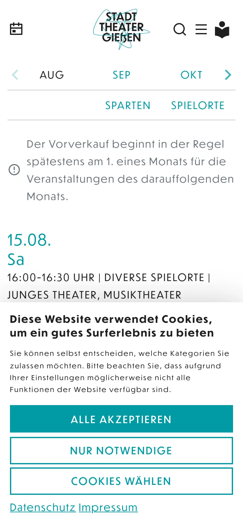The mobile version presents a simplified, vertically stacked layout optimized for small screens. The header includes a condensed logo, search icon, and menu, while the month navigation uses large arrows for scrolling. Event details are centered or left-aligned with increased spacing, and a prominent cookie consent banner covers the bottom portion of the screen.