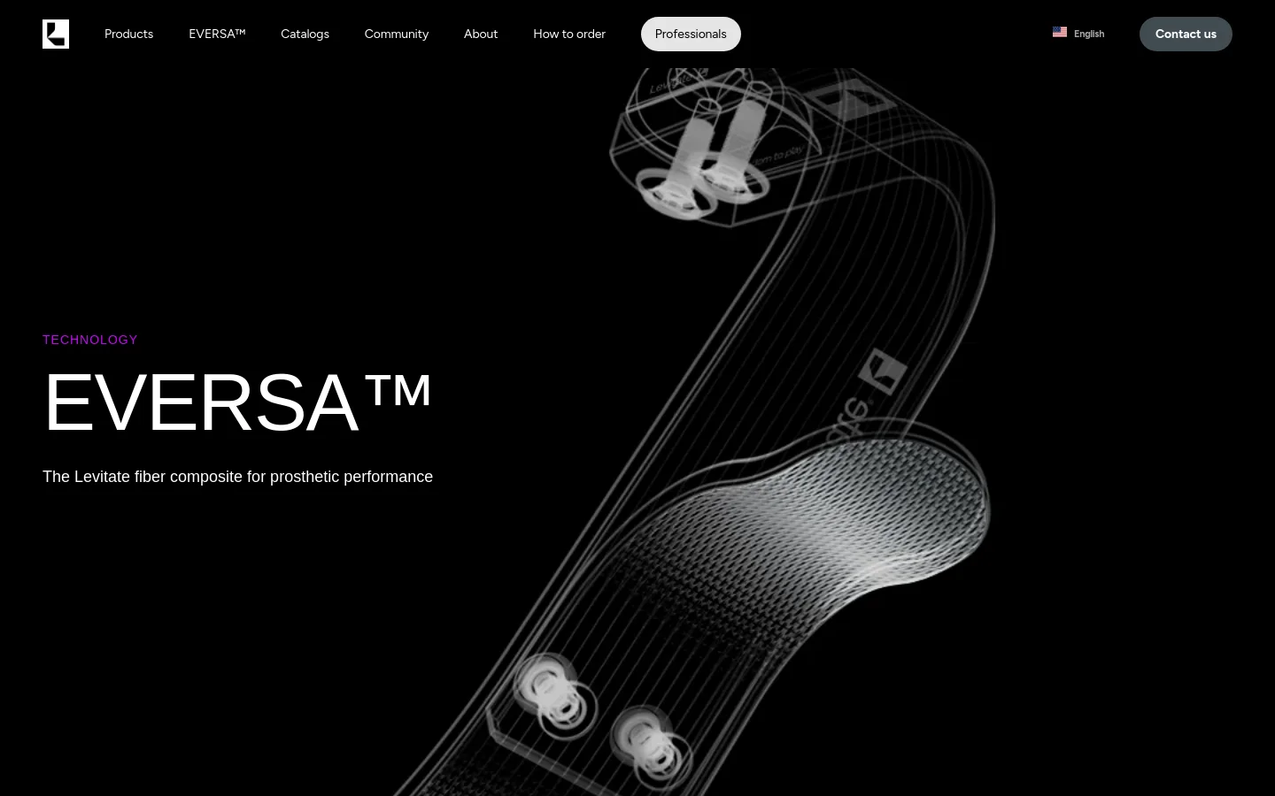 The desktop page features a dark, high-tech aesthetic with a large wireframe technical drawing of a prosthetic component as the hero image. A navigation bar at the top includes links for Products, EVERSA™, and a 'Contact us' button. The headline 'EVERSA™' is displayed in large white text against the black background.