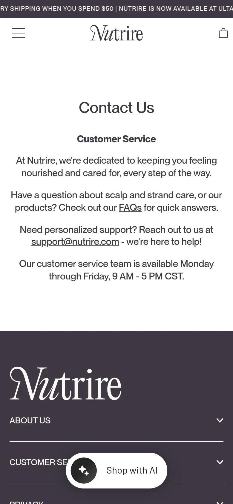 The mobile version simplifies the layout, replacing the desktop navigation menu with a hamburger icon and a shopping bag icon. The central contact information remains centered, while the footer transitions into an accordion-style menu where sections like About Us and Customer Service can be expanded. A floating 'Shop with AI' button is visible at the bottom of the screen.