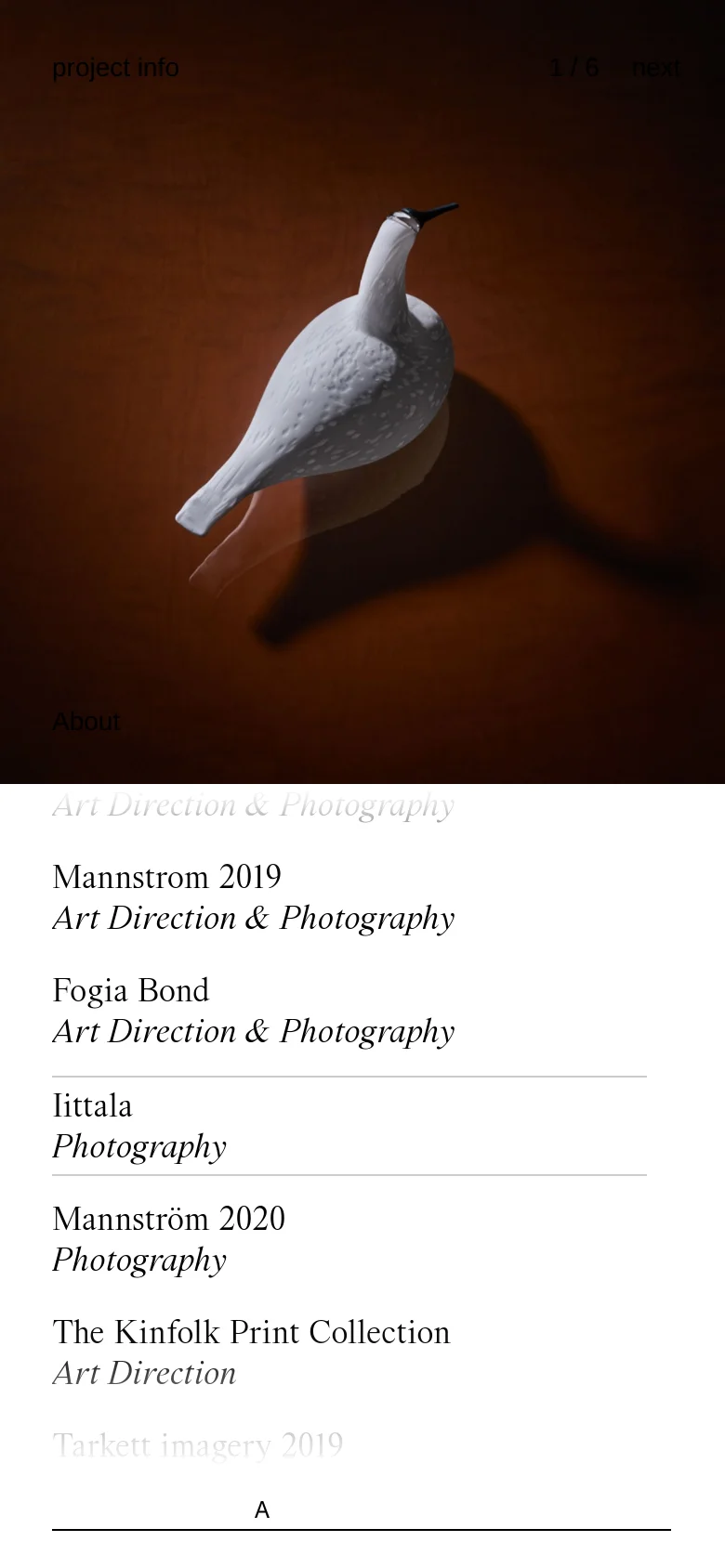 The mobile version presents a simplified, vertically stacked layout. The hero image of a white bird-shaped object on a dark surface dominates the top, followed by a single-column list of project titles and descriptions like 'Mannstrom 2019' and 'Iittala' in a clean, minimalist serif font.