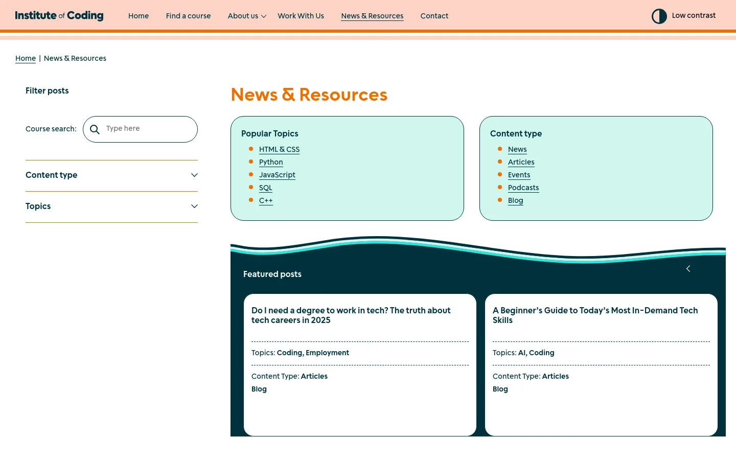 The News & Resources desktop page features a white header with a navigation menu and a 'Low contrast' toggle. Below a breadcrumb trail, the main heading 'News & Resources' sits above two light teal filter boxes for 'Popular Topics' and 'Content type'. A dark teal section with a wavy top border displays 'Featured posts' as large white cards containing article titles, topics, and content types.