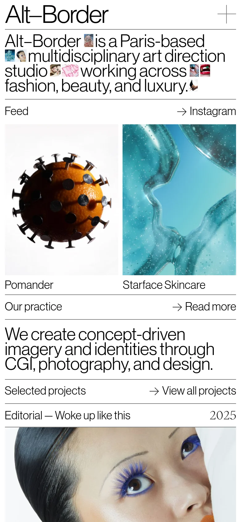 The mobile version maintains the minimalist white aesthetic but uses a vertical stack layout. The large headline text is broken into several lines, with smaller images embedded within the text block. The 'Feed' section follows, showing project images in a single-column format, and the navigation links are simplified at the top and bottom of the screen.