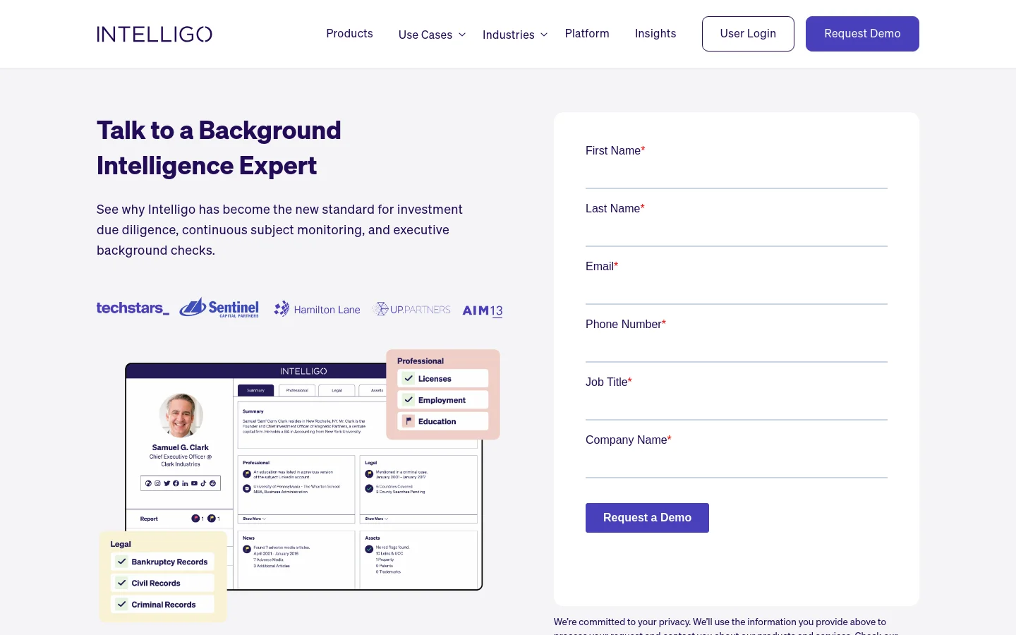 The desktop page features a clean, white and light gray layout with a navy blue header containing the Intelligo logo and navigation links. A large headline 'Talk to a Background Intelligence Expert' sits on the left, accompanied by a descriptive subheadline and an image of a software dashboard. On the right, a prominent white contact form includes fields for name, email, phone, job title, and company, ending with a navy blue 'Request a Demo' button.